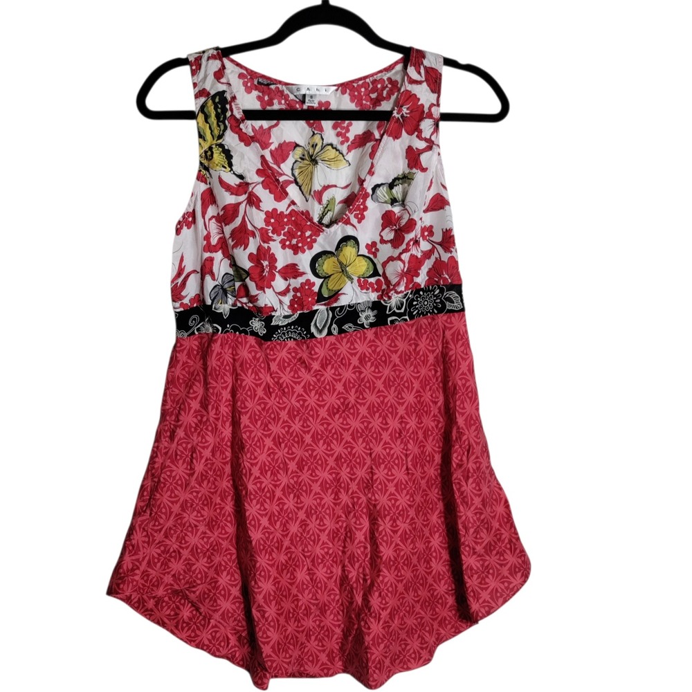 Cabi 948 Women Red Butterfly Floral Silk Rayon Sleeveless Babydoll Top Small